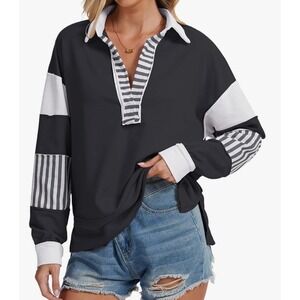 Automet Black White Striped Rugby Polo Shirt Long Sleeve Women